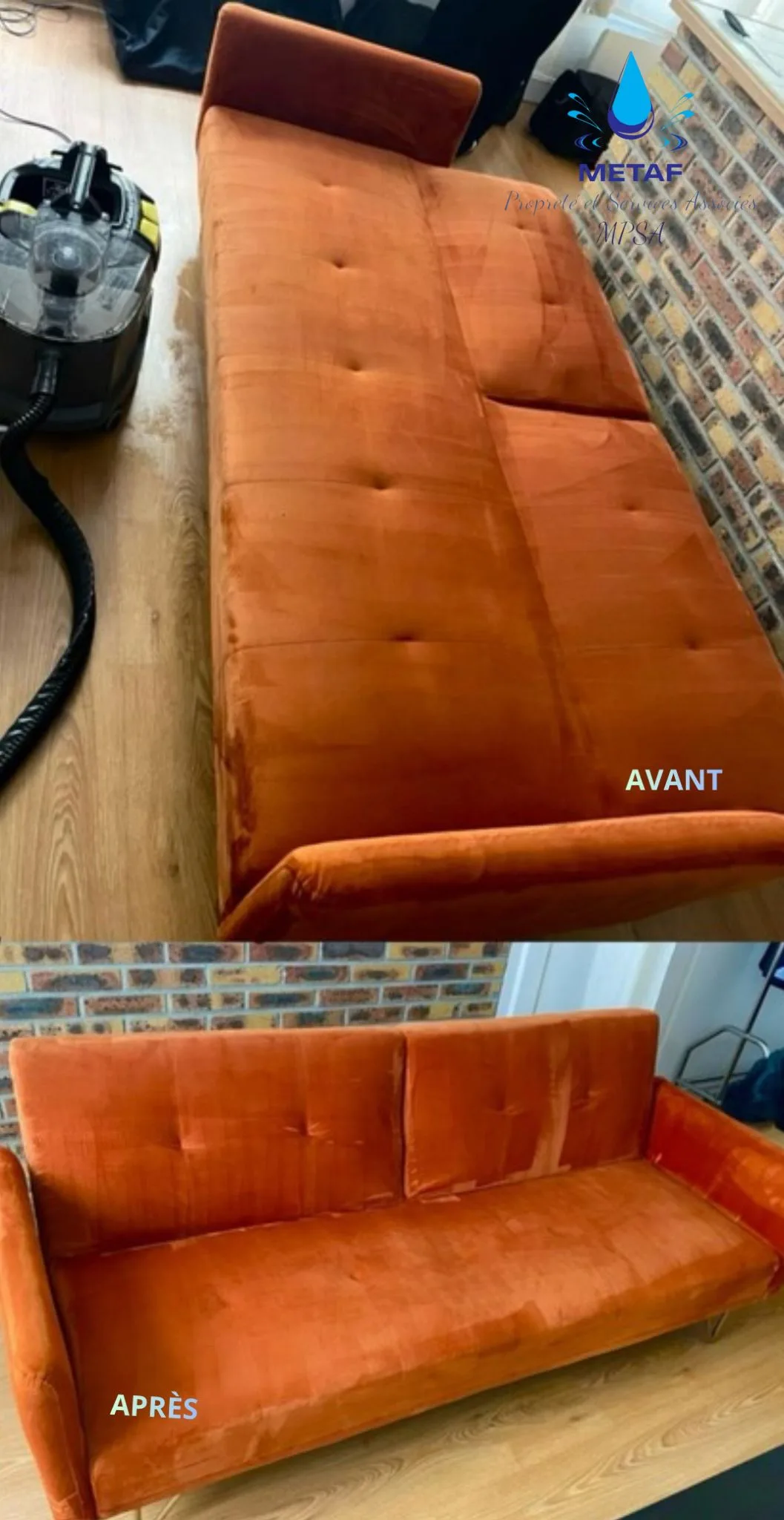 Avant/après nettoyage d’un canapé en velours orange par METAF Propreté à Paris