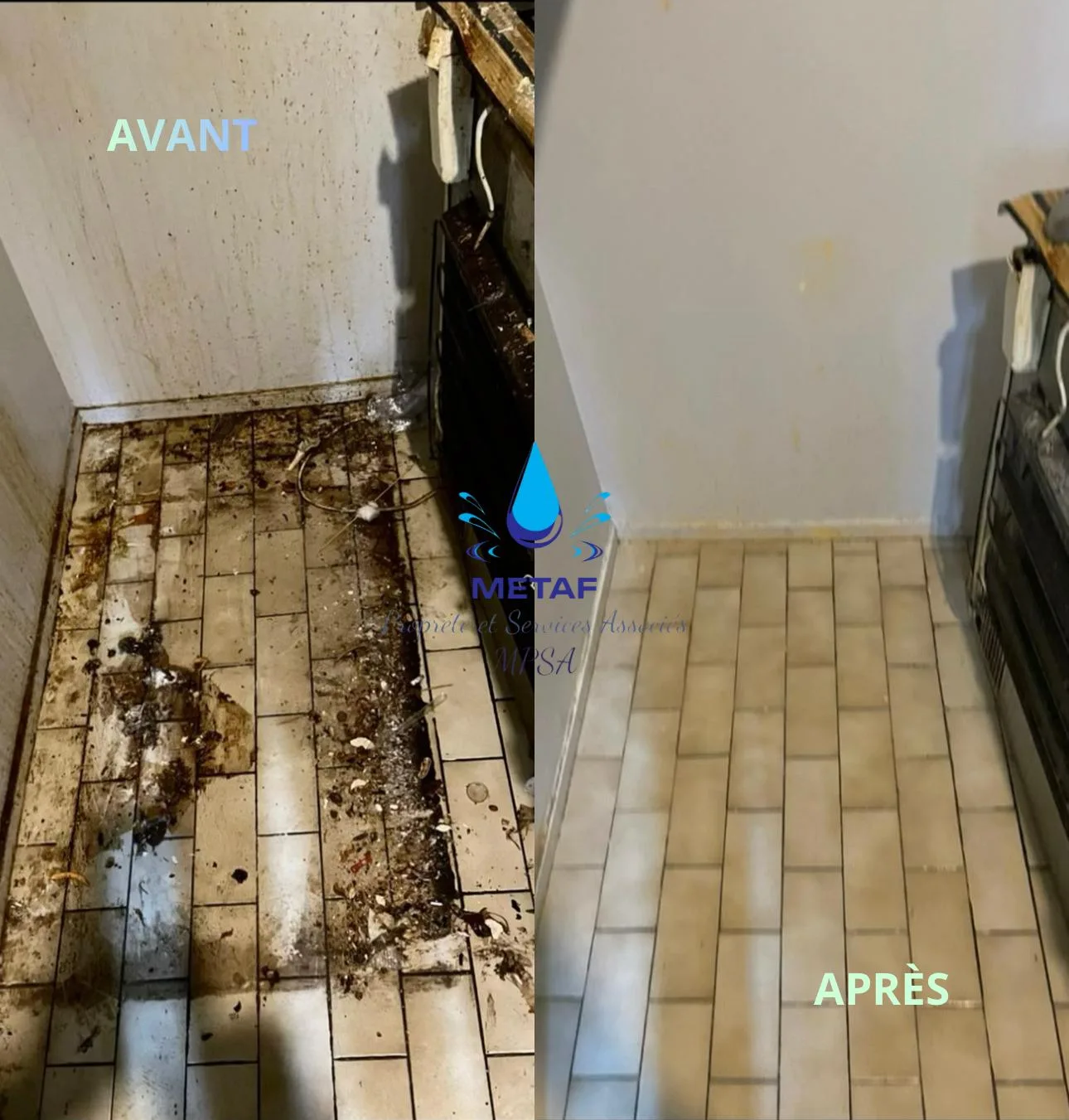 Avant/après nettoyage de carrelage en fin de chantier par METAF Propreté à Paris